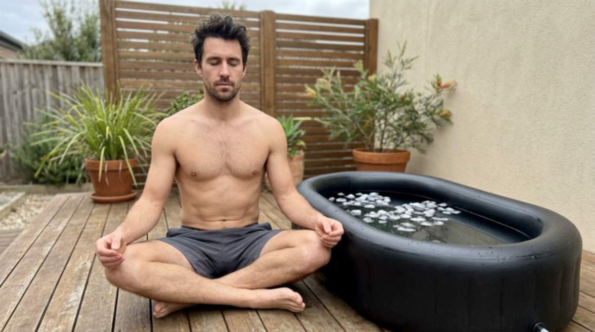 Man Sitting In A Calm Meditative Breathing Posture With Ice Bath