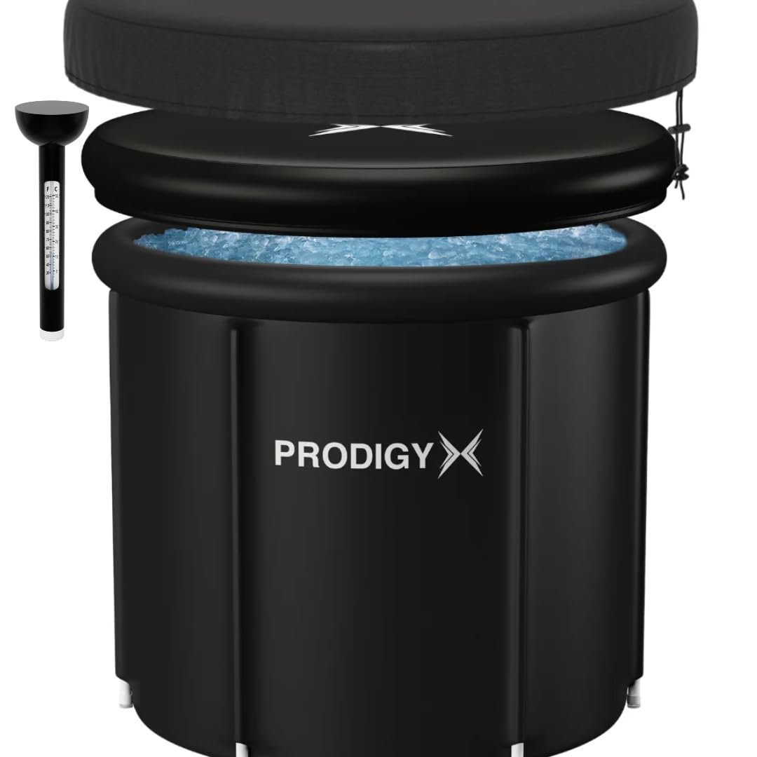PRODIGYX portable ice bath tub in black with insulated lid and thermometer