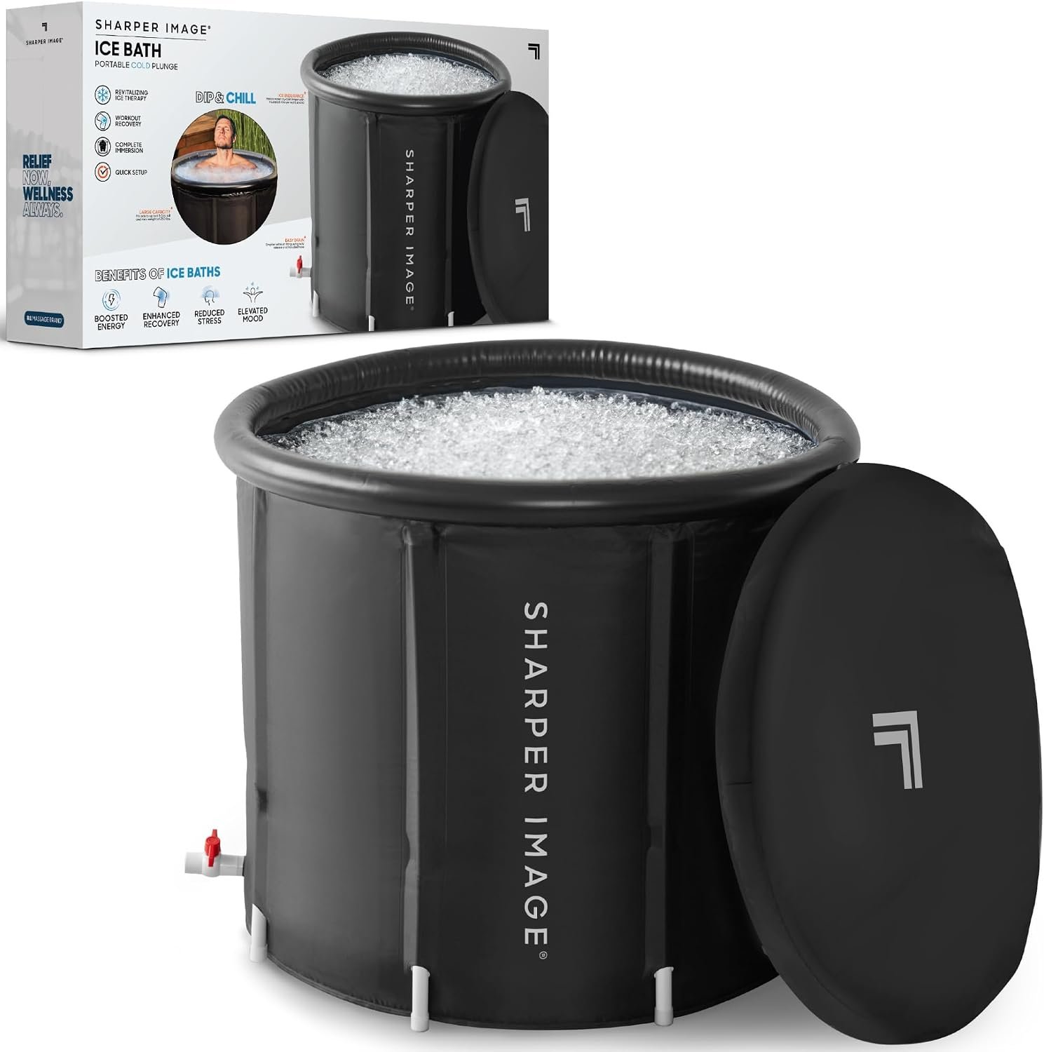 Sharper Image ice bath packaging showing the drain spigot and lid